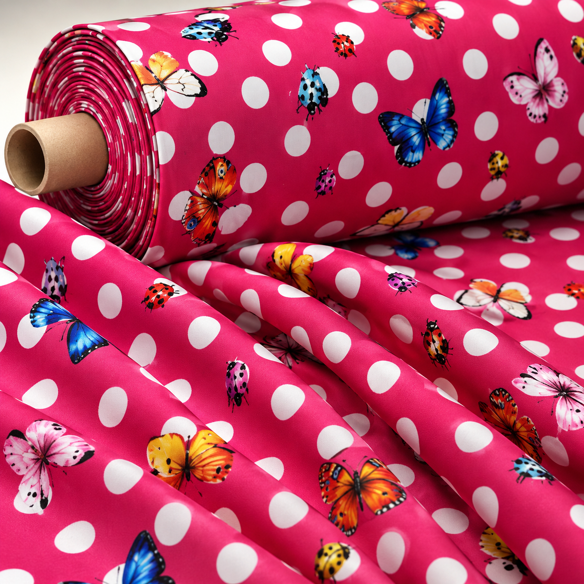 Pink Butterfly & Ladybird Polka Dot Fabric by the Metre