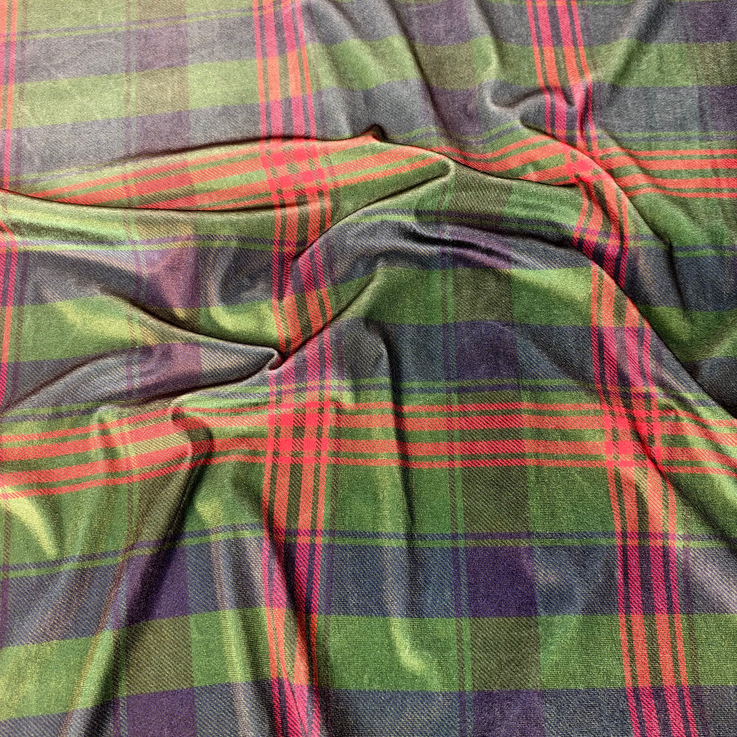 Highland Green & Navy Tartan Stretch Velvet Fabric by the Metre