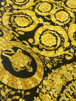 Barok Design Upholstery Fabric with elegant golden floral pattern on black polyester background for home décor