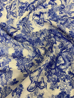 Lion Design Linen Fabric with intricate blue lion and nature patterns on soft beige background for home decor