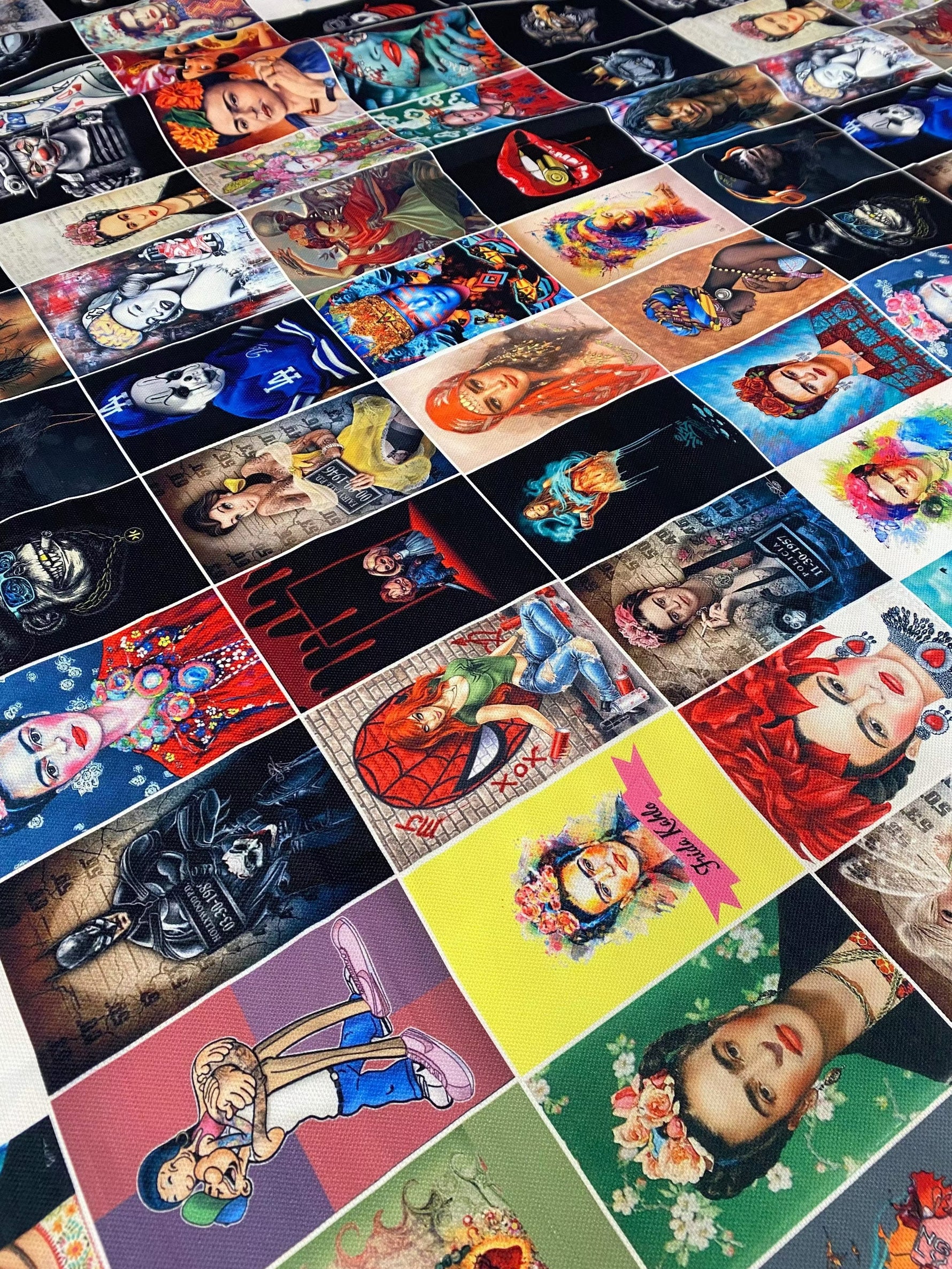 Colorful pop art upholstery fabric featuring vibrant, bold printed portraits and designs on polyester material