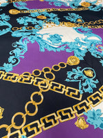 Barok Zincir Design upholstery fabric with ornate gold chain and floral motifs on purple and black background, 100% polyester for elegant home décor