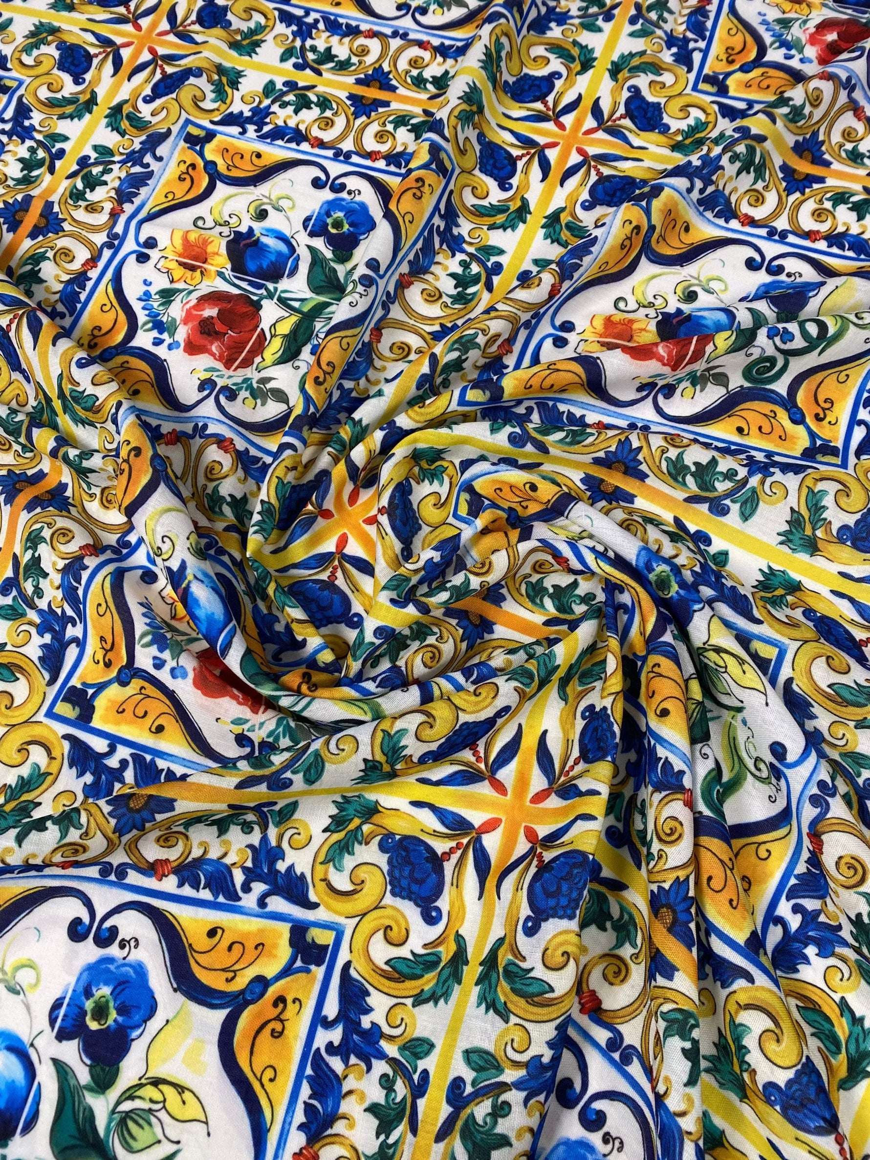Small linen fabric with colorful Mojalica floral and geometric design for home decor and crafts