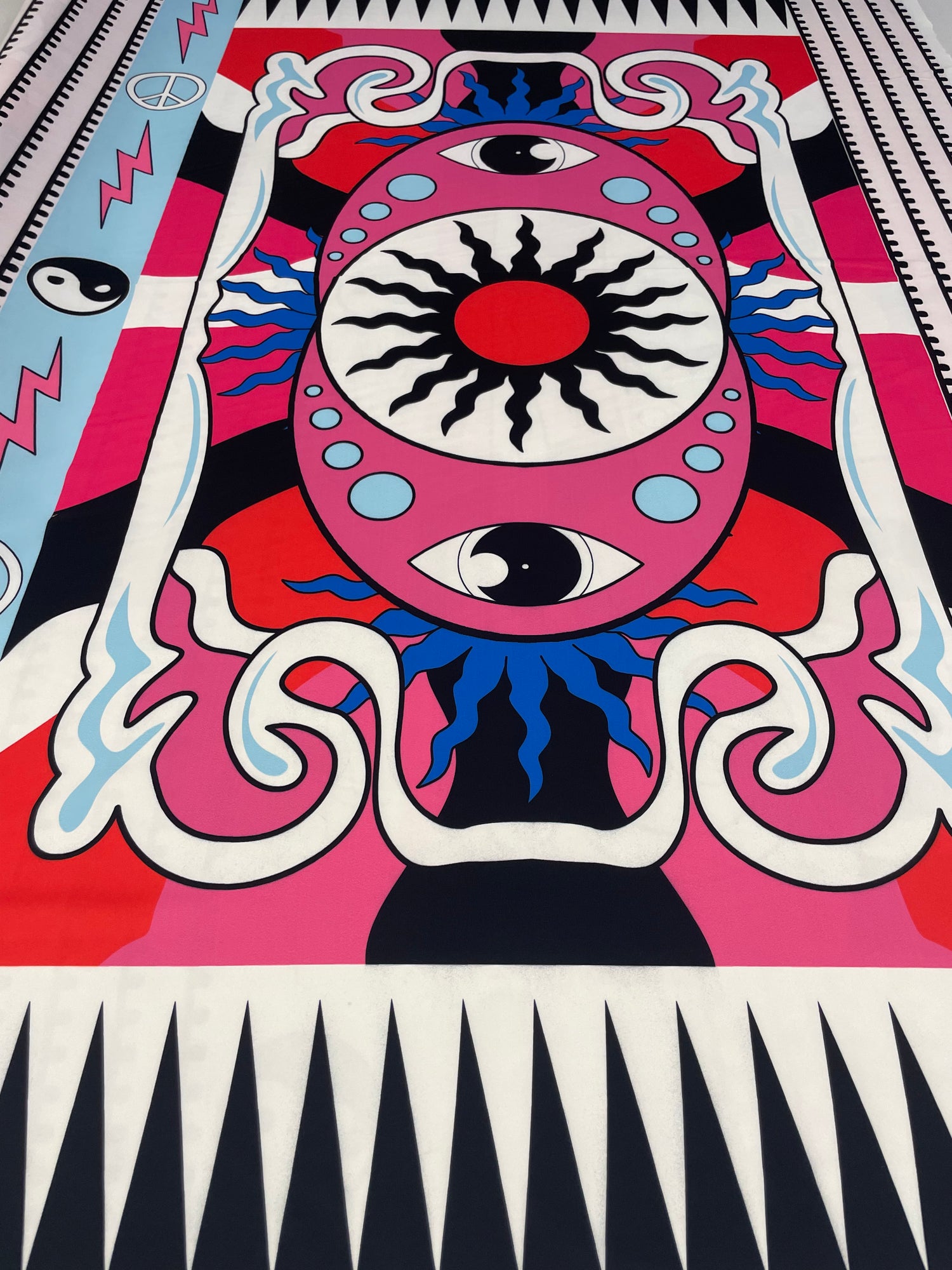 Psychedelic Eye & Sun Print Crepe Fabric by the Metre – Boho Dressmaking