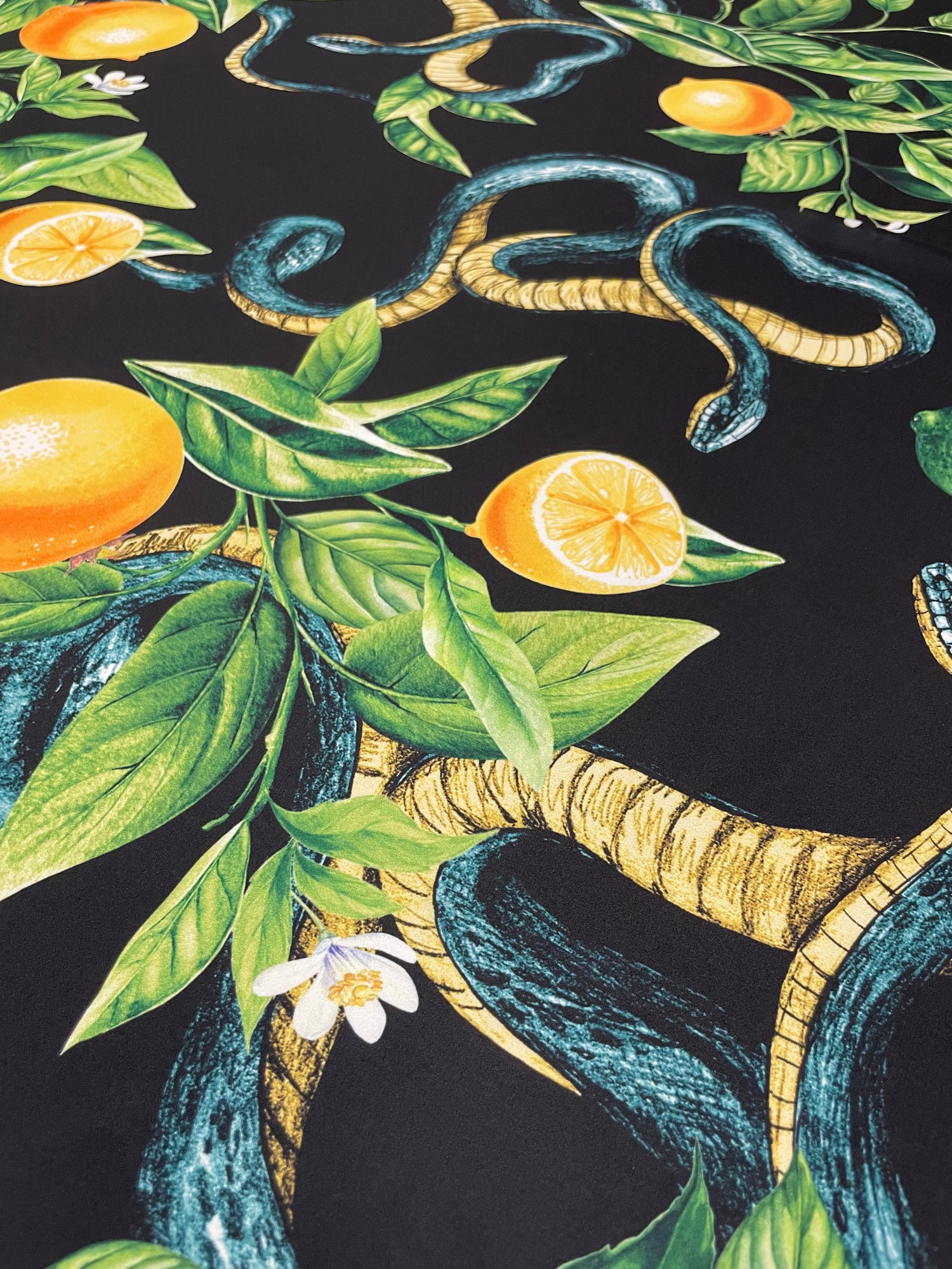 Black Satin Fabric with Snake & Citrus Print
