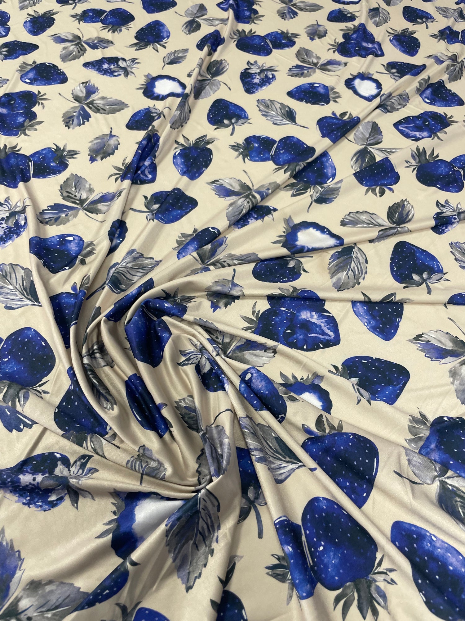 Blue Strawberry Print Lycra Stretch Fabric by the Metre