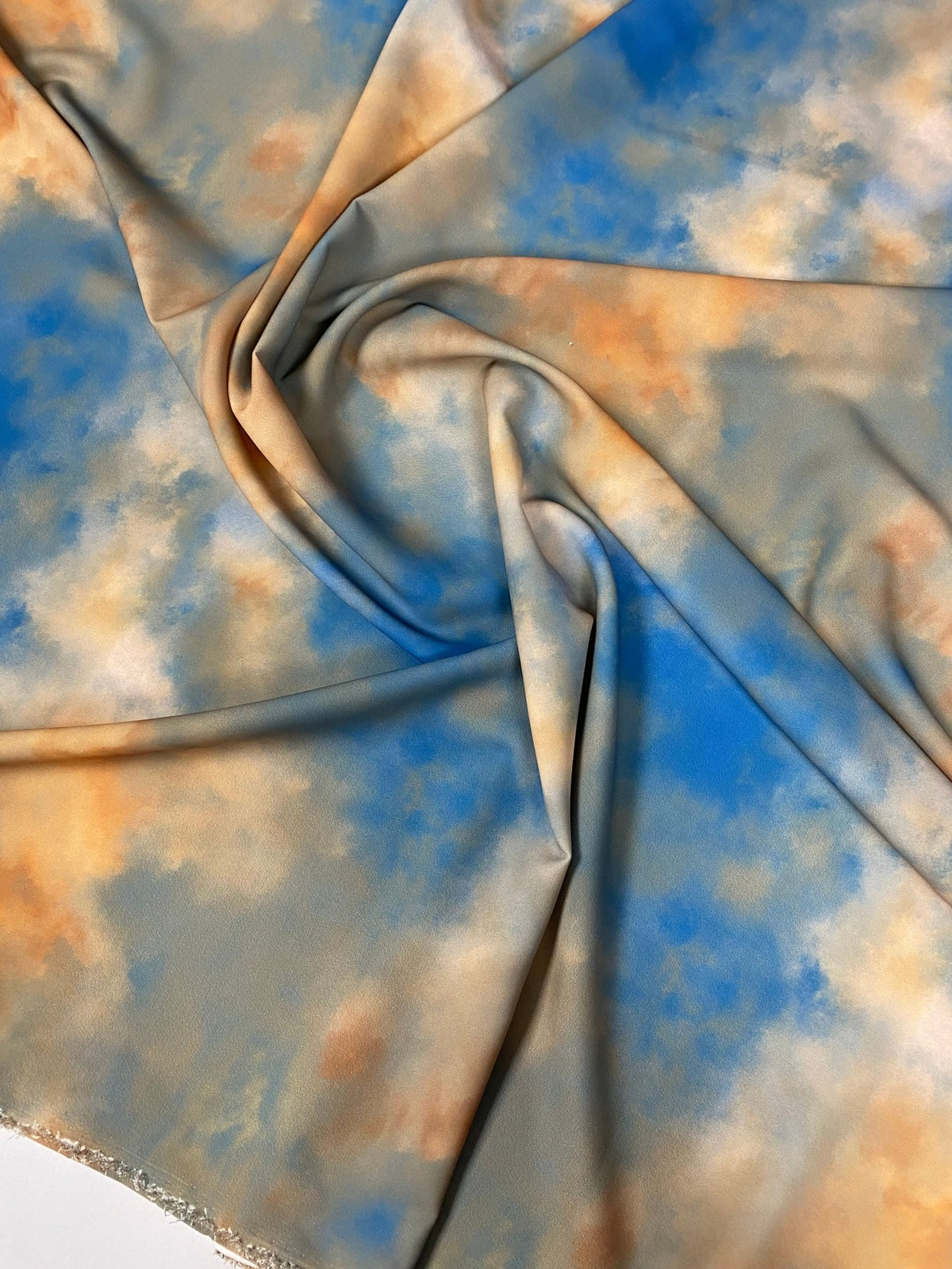 Abstract Cloud Print Crepe Fabric by the Metre – Blue Orange Beige - Whotex Online Fabric Store