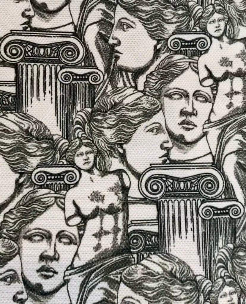Antik Greek Print Fabric featuring classical statues and Ionic columns in black and white design on durable textile.