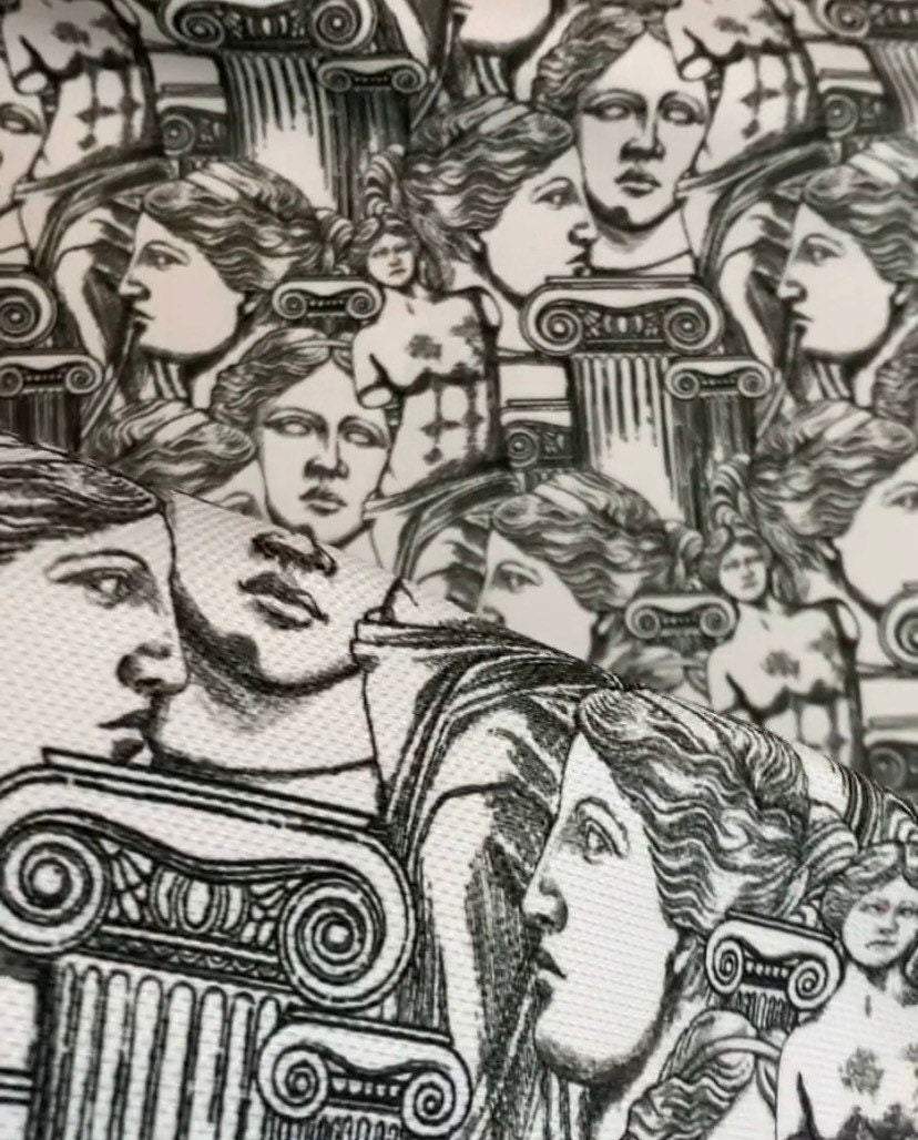 Antik Greek Print Fabric with intricate black and white classical Greek art and architectural motifs.