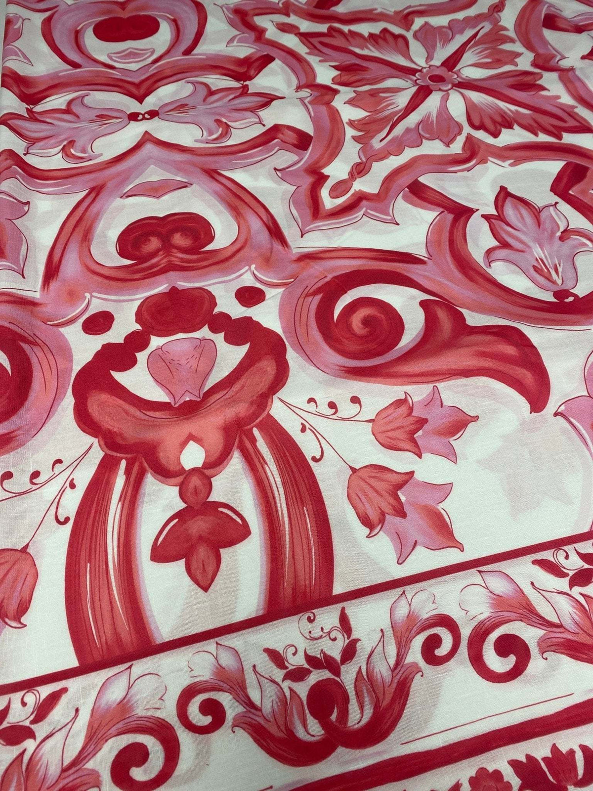 Barok Design Linen Fabric with elegant red floral and ornamental patterns on white background for home decor and fashion