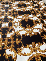 Baroque black white gold patterned fabric with ornate elegant design, sold by the yard, 150cm width