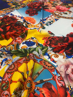 Colorful Baroque floral print fabric with Mediterranean motifs and vibrant floral patterns