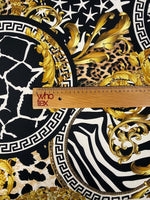 Baroque Greek Key Fabric with ornate gold baroque and animal print patterns on black and white background