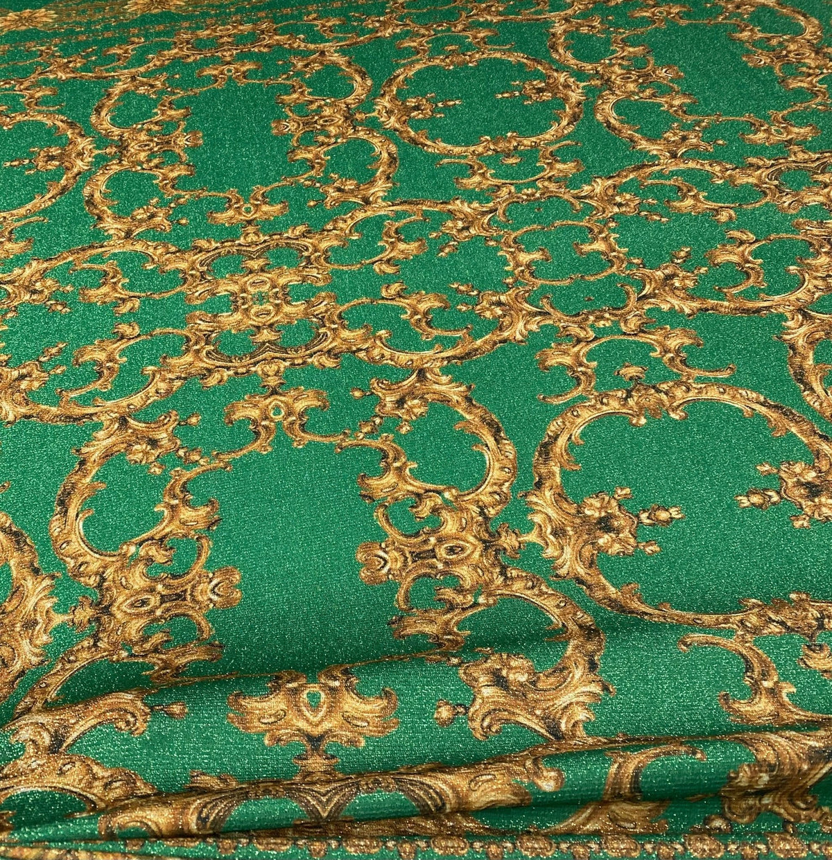 Baroque Green Gold Print Fabric Sold by Metre - Whotex Fabrics London