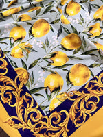 Baroque Lemon Fabric with Sicilian lemon pattern and ornate golden baroque border on yellow and blue background