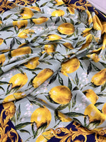 Baroque lemon fabric with Sicilian lemon and leaf pattern on light background with ornate navy border