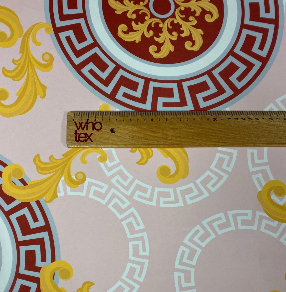 Baroque Medallion Crepe Fabric by the Metre – Beige Red & Gold Design - Whotex Online Fabric Store