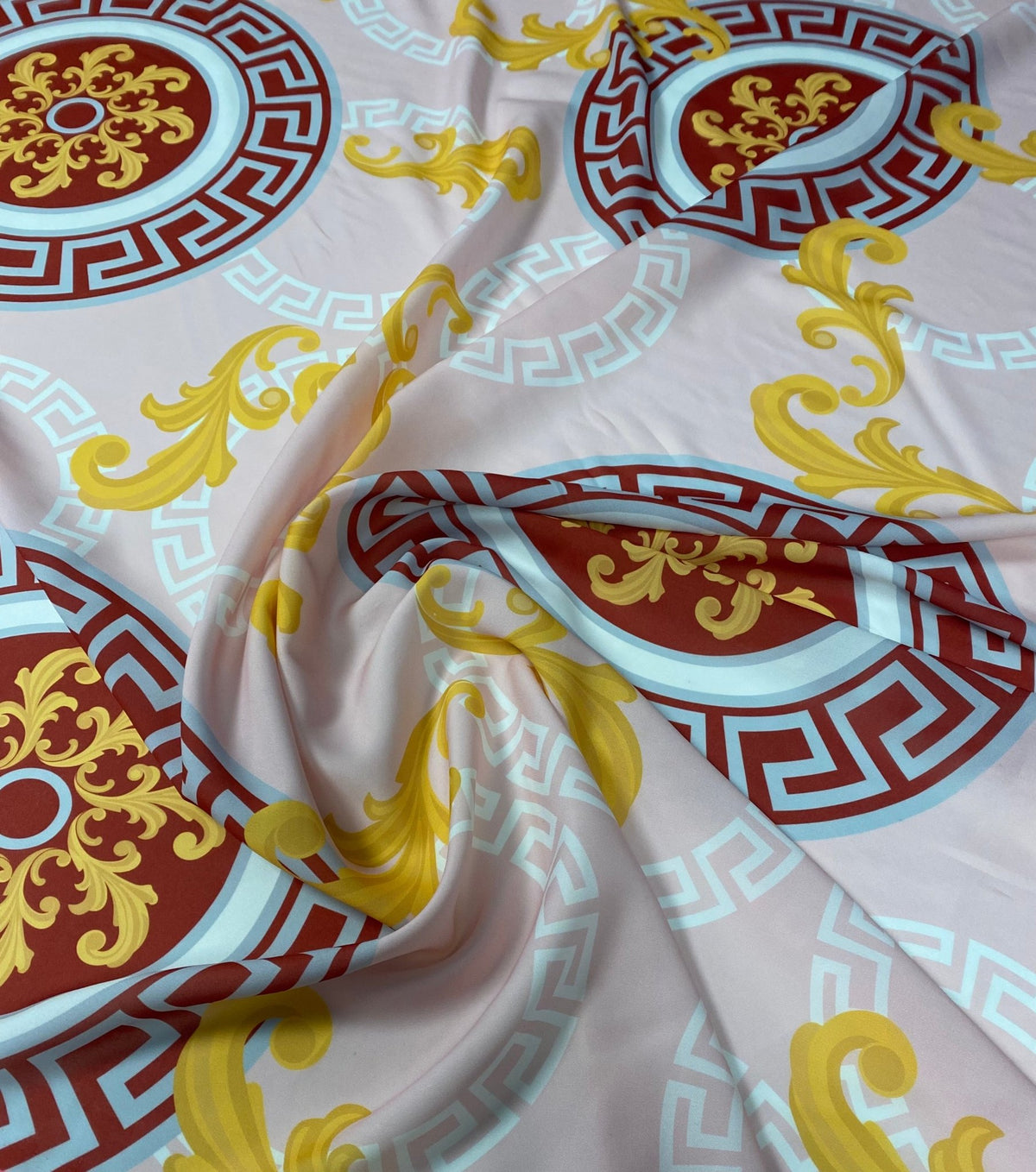 Baroque Medallion Crepe Fabric by the Metre – Beige Red & Gold Design - Whotex Online Fabric Store