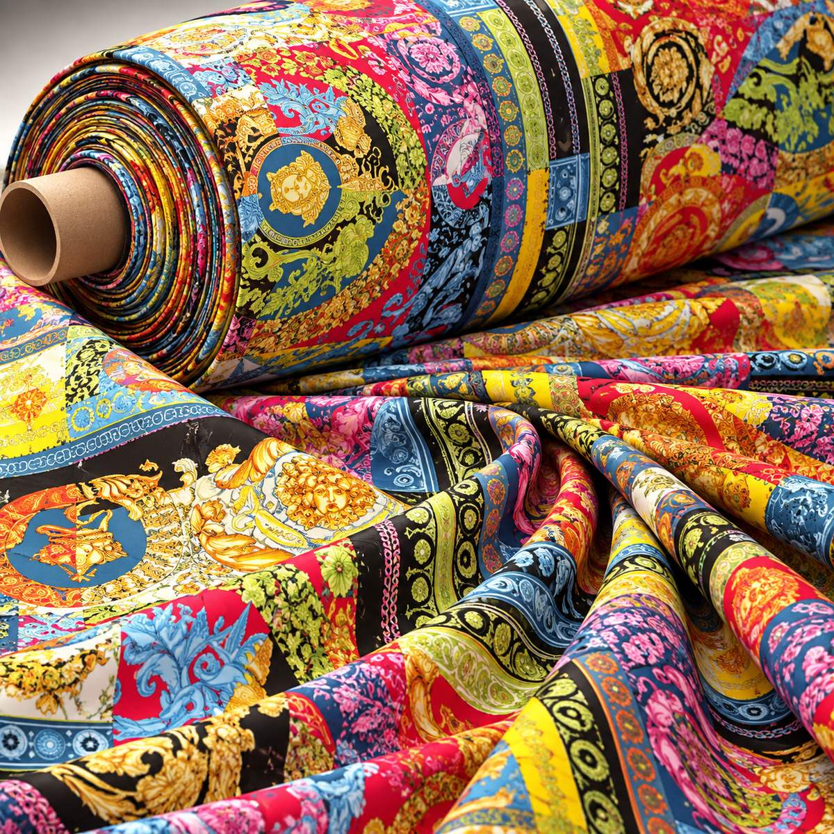 Baroque Patchwork Satin Fabric by the Metre - Whotex Fabrics London