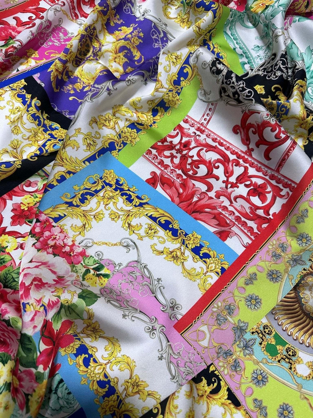 Multicolor Baroque pattern fabric with intricate gold and floral designs sold by the yard, 150cm wide