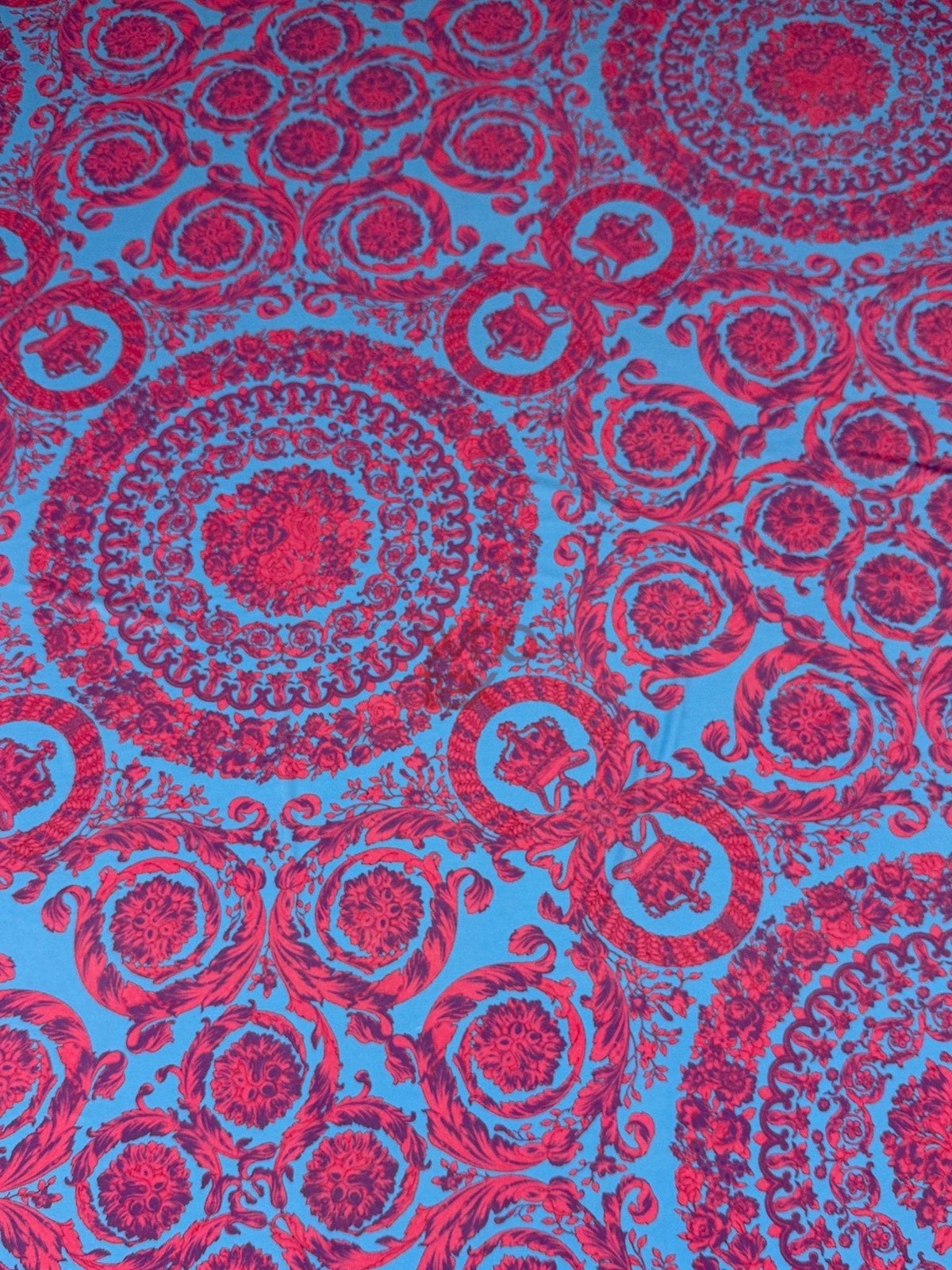 Purple and blue baroque pattern fabric with intricate circular designs, sold by the yard, 150cm width