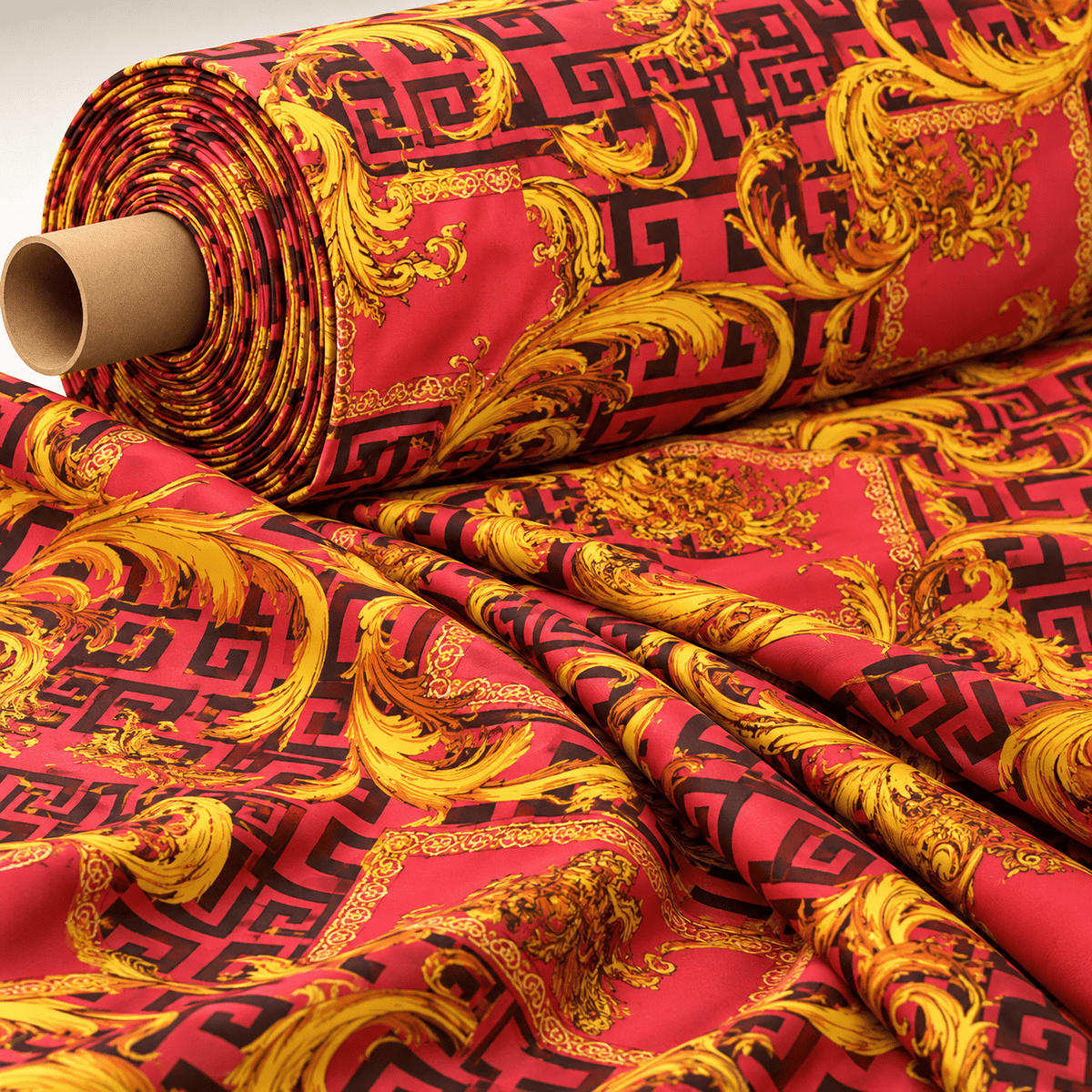 Baroque Pink & Gold Fabric – Luxury Ornate Greek Key Print by the Metre - Whotex Fabrics London