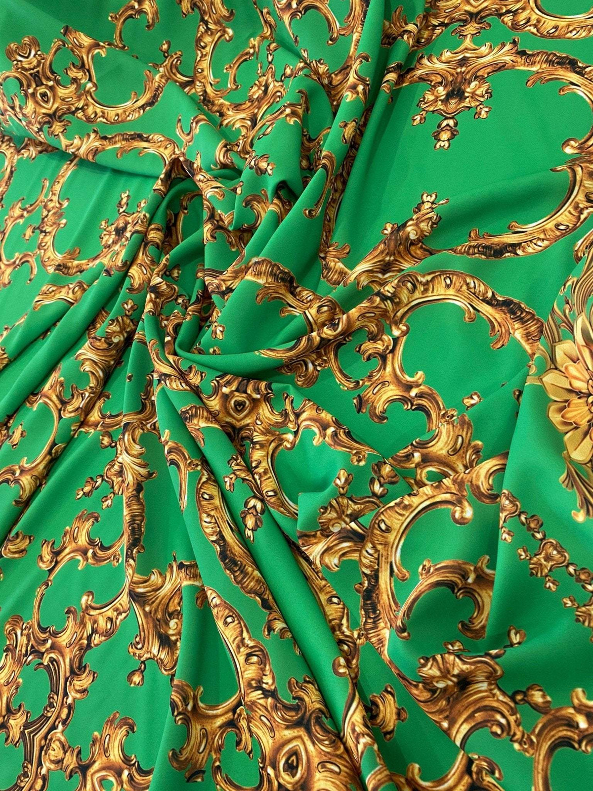 Baroque green gold print fabric with intricate ornate upholstery design and 150cm width