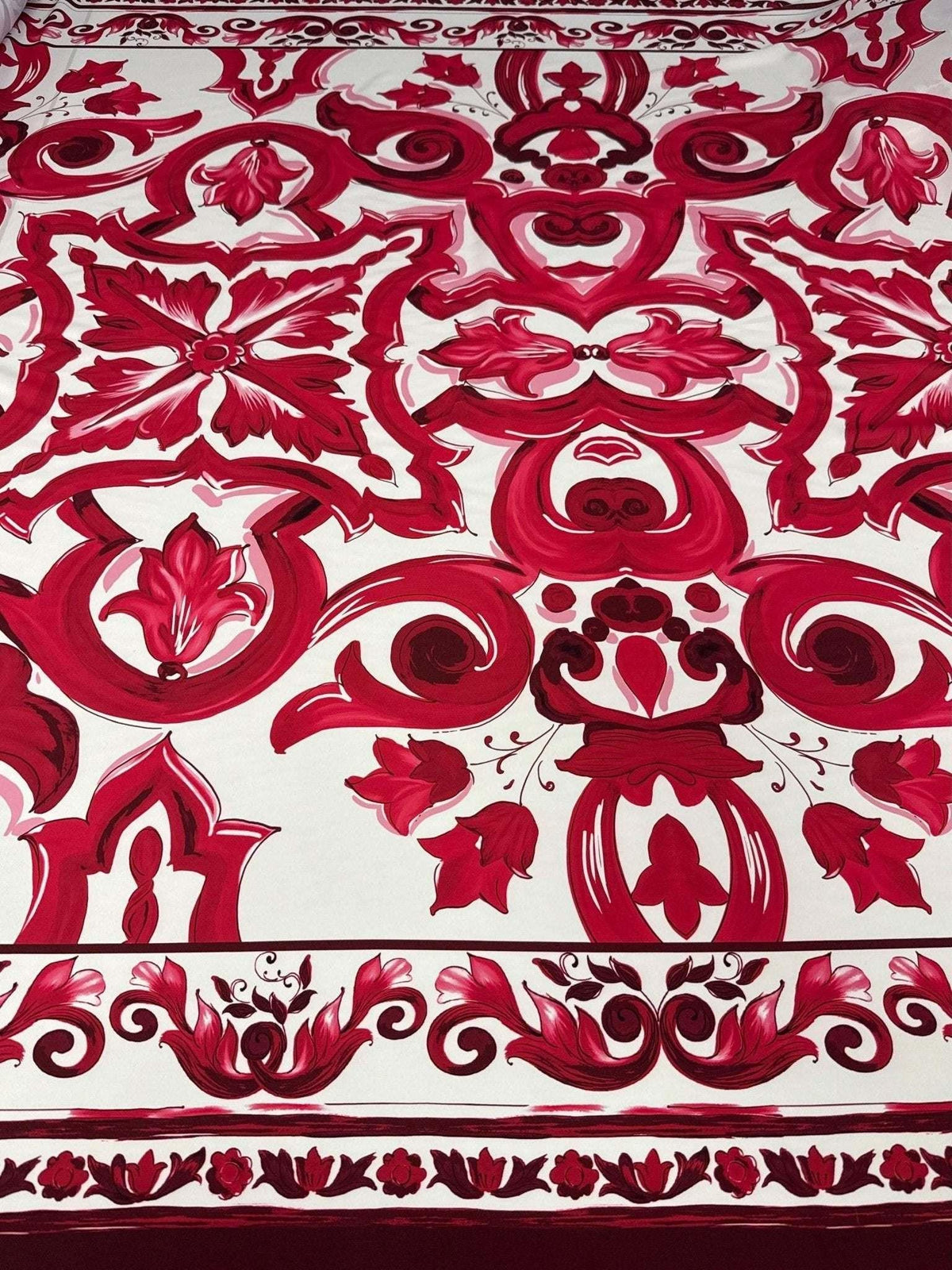 Red Big Majolica pattern fabric with vibrant magenta Sicilian-inspired design on white background, fabric width 150cm