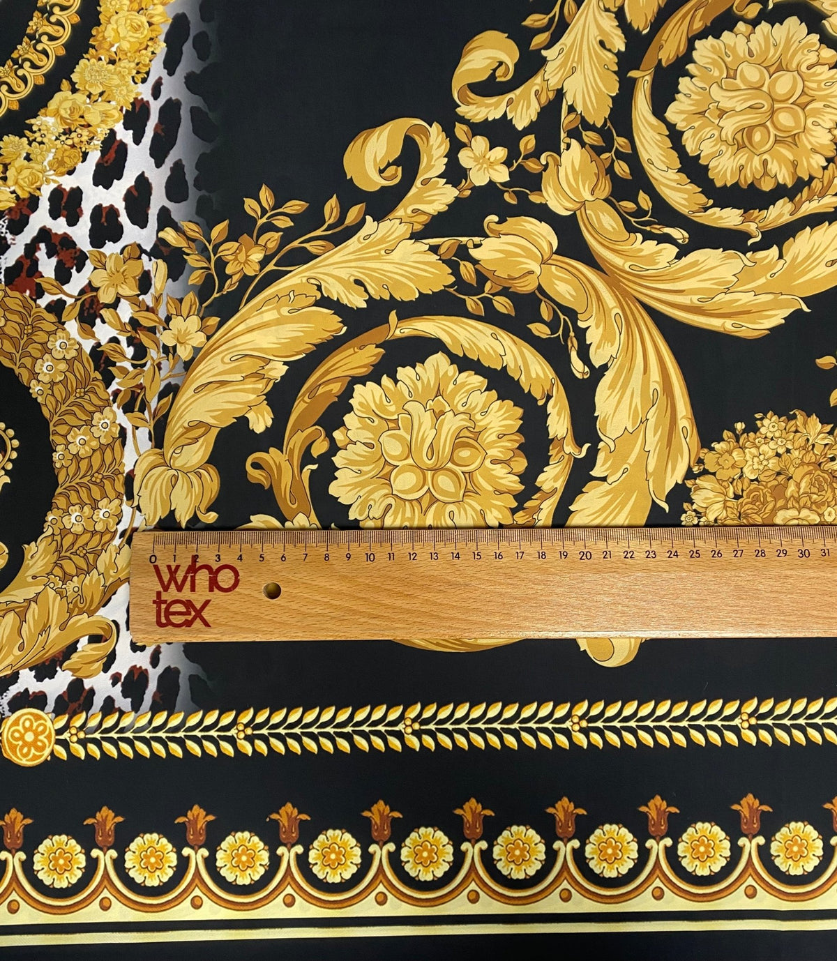 Black Baroque Gold Crepe Fabric by the Metre - Whotex Fabrics London