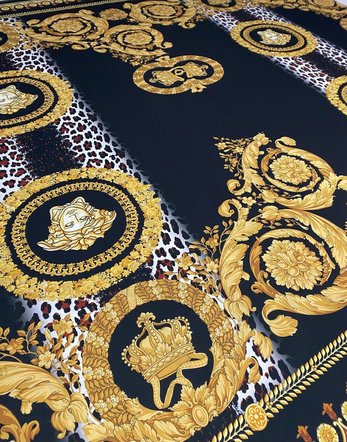 Black Baroque Gold Crepe Fabric by the Metre - Whotex Fabrics London