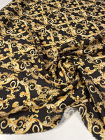 Black Satin Fabric with Gold Baroque Scroll Design - Whotex Fabrics London