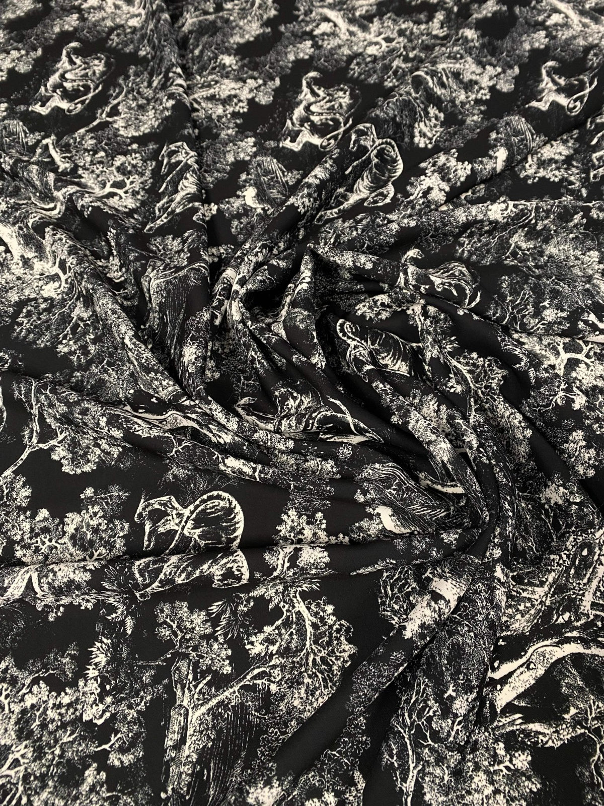 Black Wild Forest Pattern Fabric – Available in Satin, Crepe, Spandex & Chiffon | By Metre - Whotex Online Fabric Store