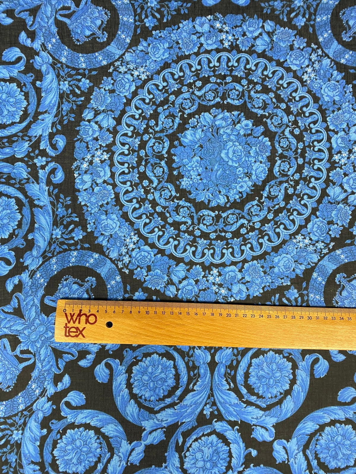 Blue Baroque Floral Linen Fabric by the Metre - Whotex Fabrics London