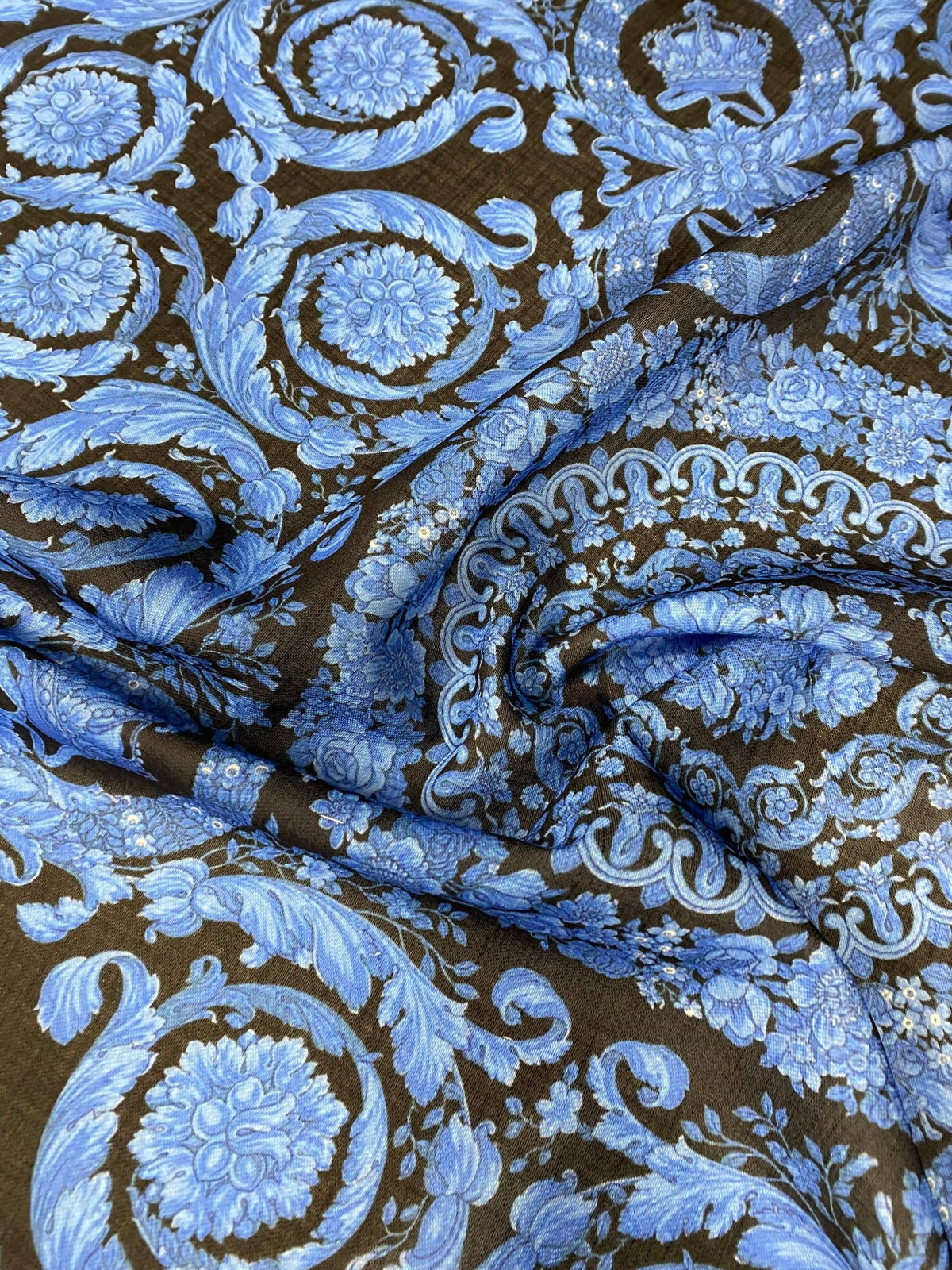 Blue Baroque Floral Linen Fabric by the Metre - Whotex Fabrics London