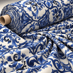 Blue Floral Satin Fabric by the Metre - Whotex Fabrics London