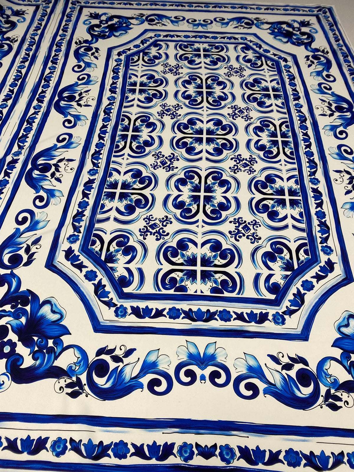 Blue Floral Tile Crepe Fabric by the Metre – White & Navy Classic - Whotex Online Fabric Store