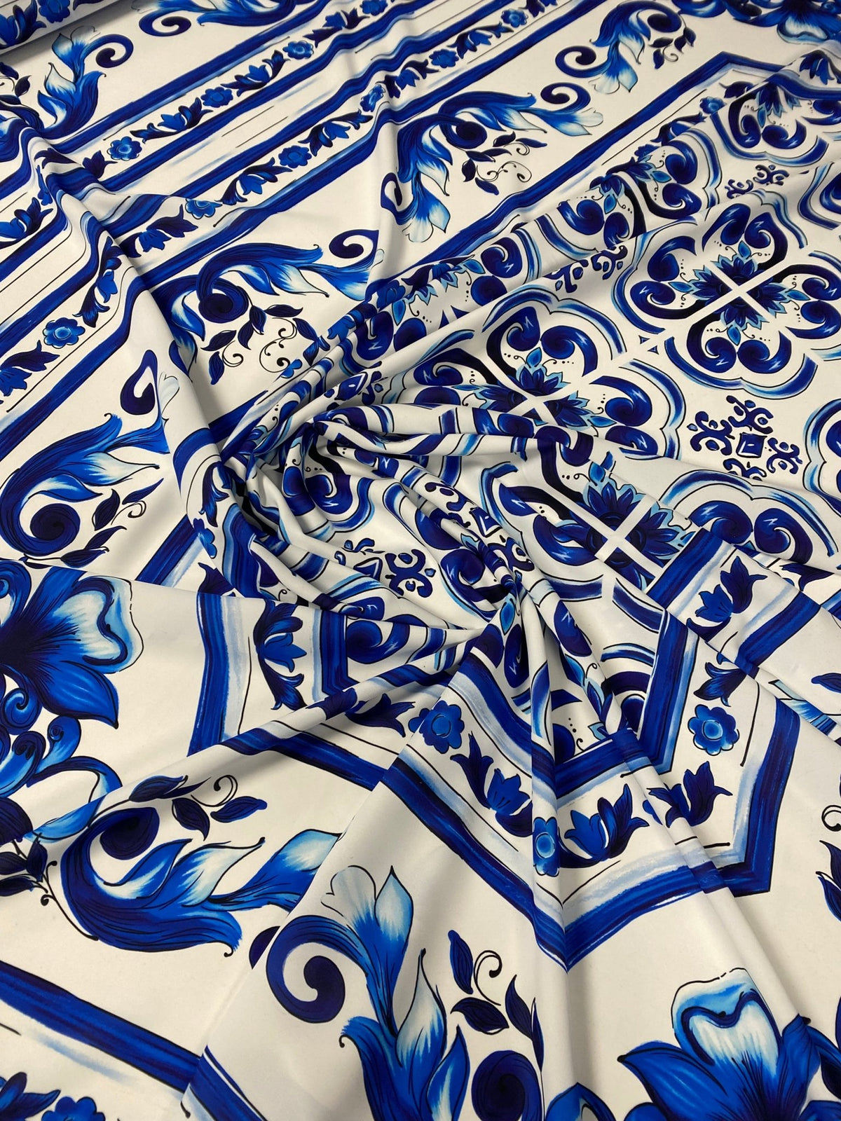 Blue Floral Tile Crepe Fabric by the Metre – White & Navy Classic - Whotex Online Fabric Store