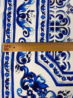 Blue Floral Tile Crepe Fabric by the Metre – White & Navy Classic - Whotex Online Fabric Store