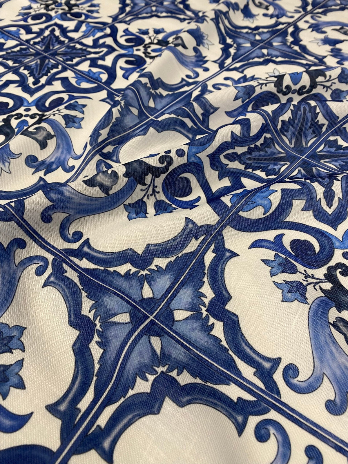 Blue Ornamental Linen Fabric by the Metre - Whotex Fabrics London