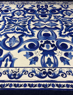 Blue Tile Print Linen Fabric by the Metre - Whotex Fabrics London