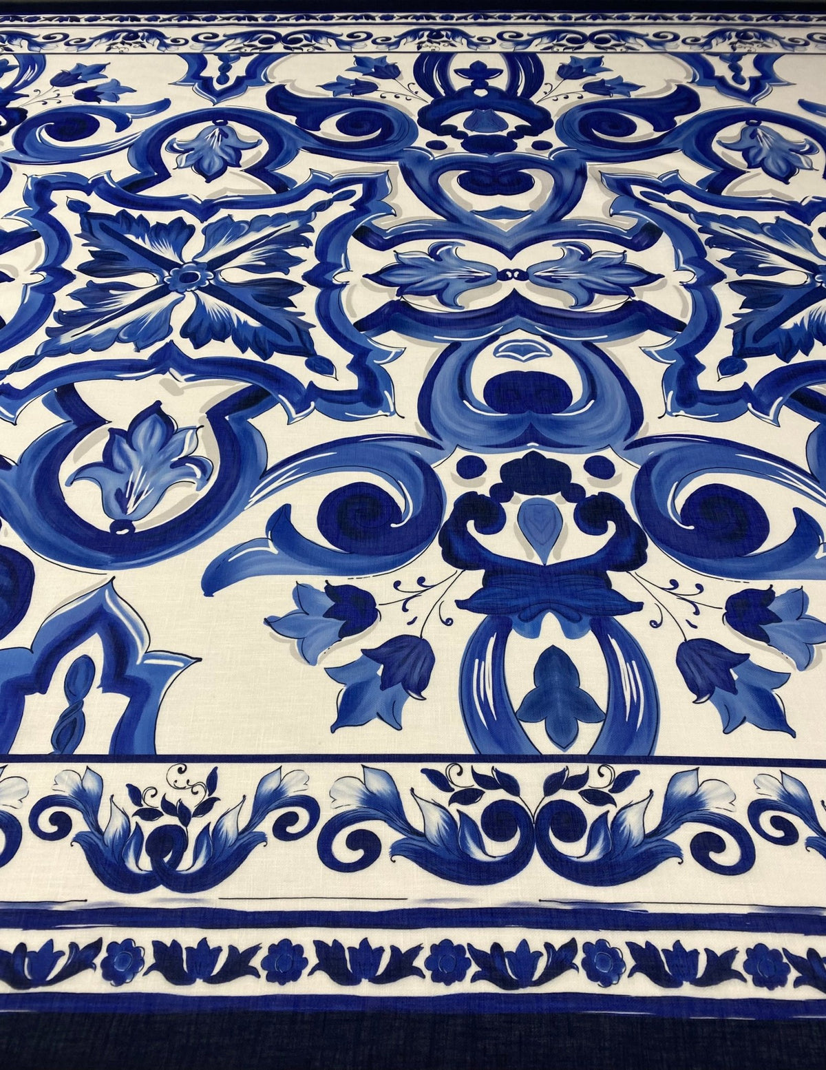 Blue Tile Print Linen Fabric by the Metre - Whotex Fabrics London