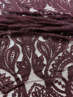 Bordeaux floral pattern lace fabric with intricate floral design, ideal for clothing, accessories, and crafts, 150 cm wide