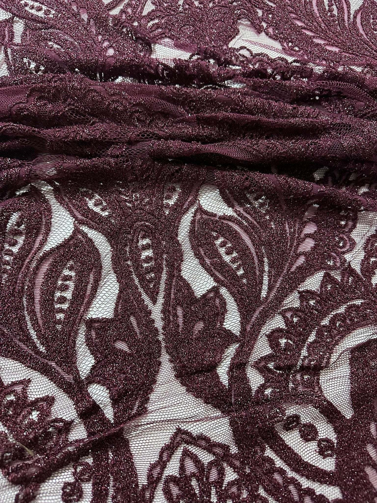 Bordeaux floral pattern lace fabric with intricate floral design, ideal for clothing, accessories, and crafts, 150 cm wide
