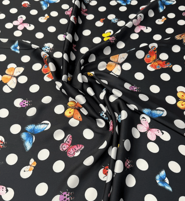 Butterflies Black White Polka Dot Fabric by Metre - Whotex Fabrics London