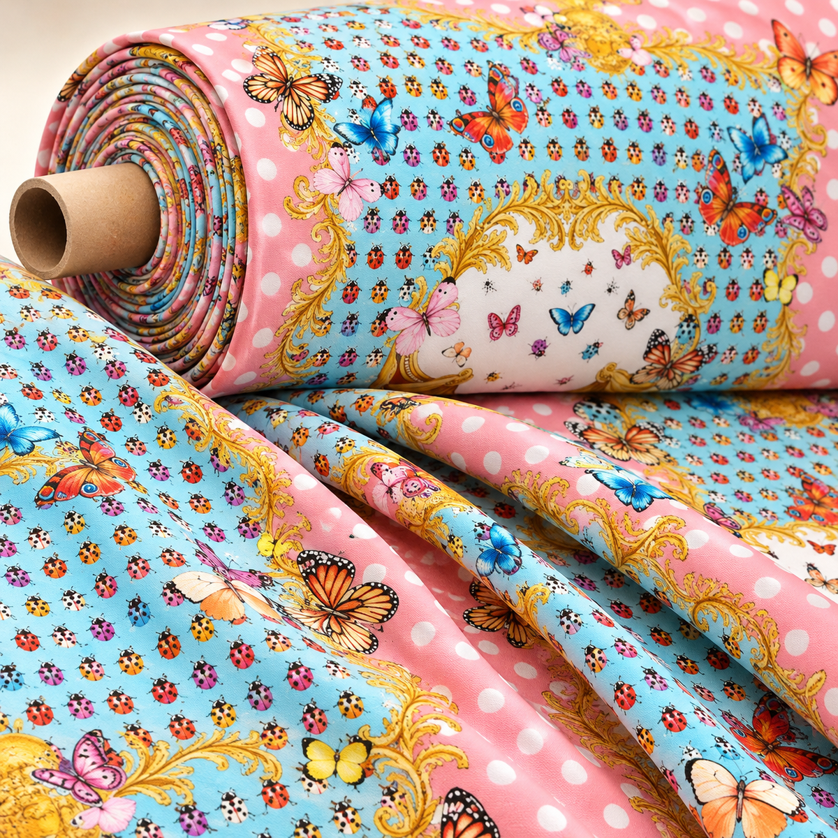 Butterflies Pink Polka Dot Fabric by the Metre - Whotex Fabrics London