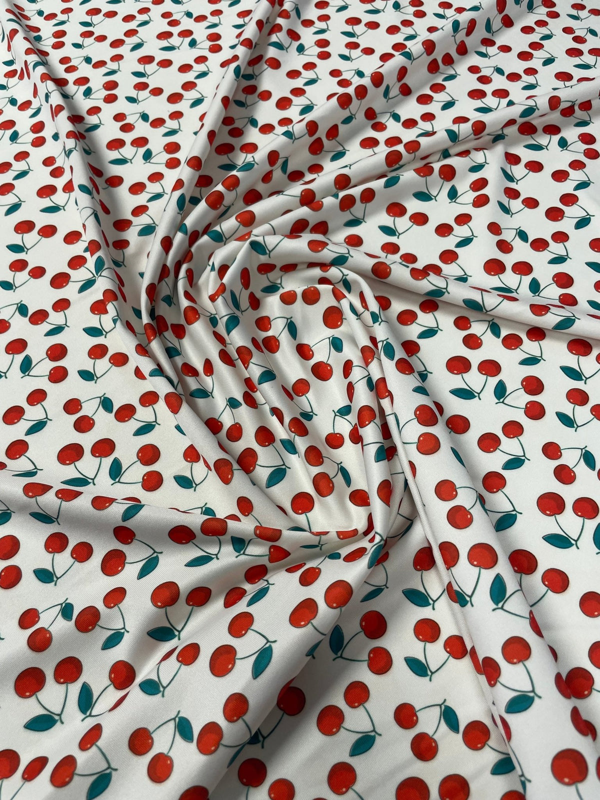 Cherry Print Fabric by the Metre – White Cotton Blend - Whotex Fabrics London