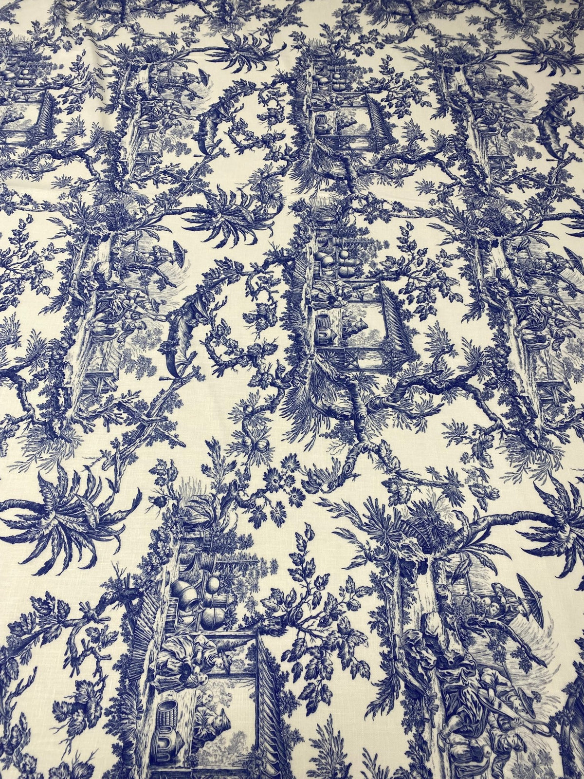 Classic Blue Toile de Jouy Poly Linen Fabric by Metre - Whotex Fabrics London