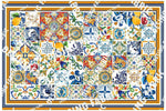 Sicilian Print Silky Crepe Fabric with colorful Mediterranean tile and lemon pattern, 150cm wide textile panel
