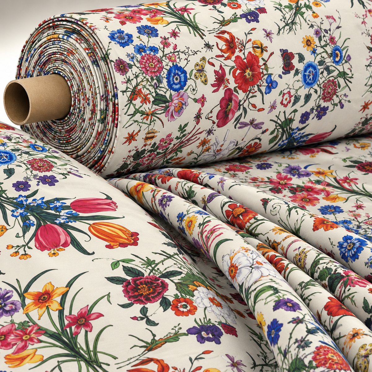 Cream Floral Botanical Print Fabric by Metre - Whotex Fabrics London