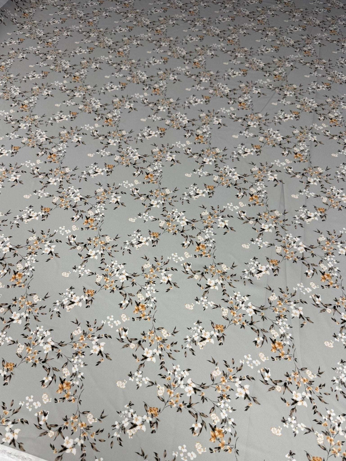 Delicate cherry blossom print fabric with soft pastel floral pattern on light grey background, sold by the yard, fabric width 150cm
